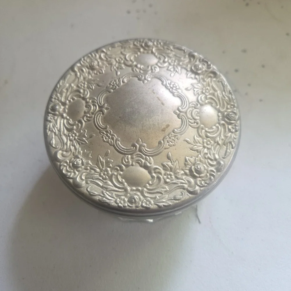 Vintage Glass Powder Jar Silver Plated Embossed Lid Vanity Trinket Box Mirror